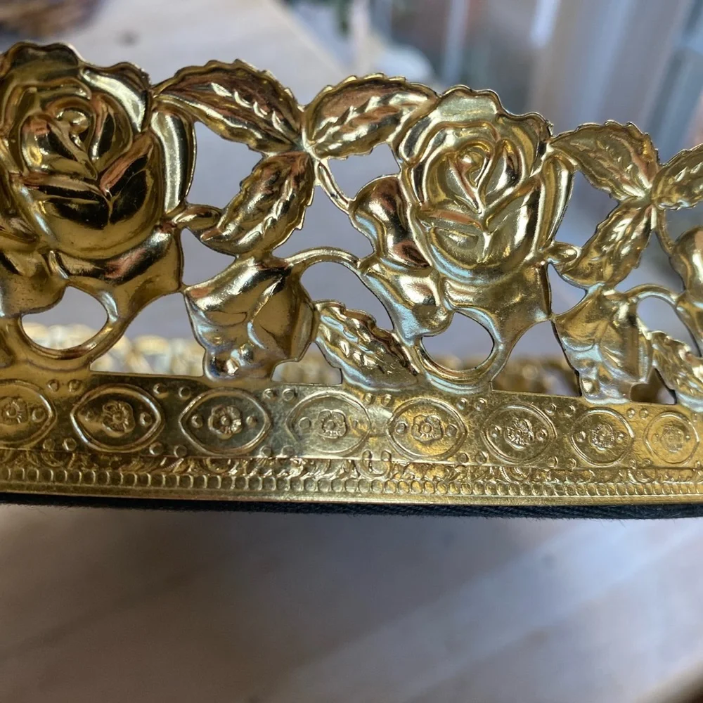Vintage Oval Vanity Tray Gold Filigree with Rose Pattern Mirrored 12” x 8.75”